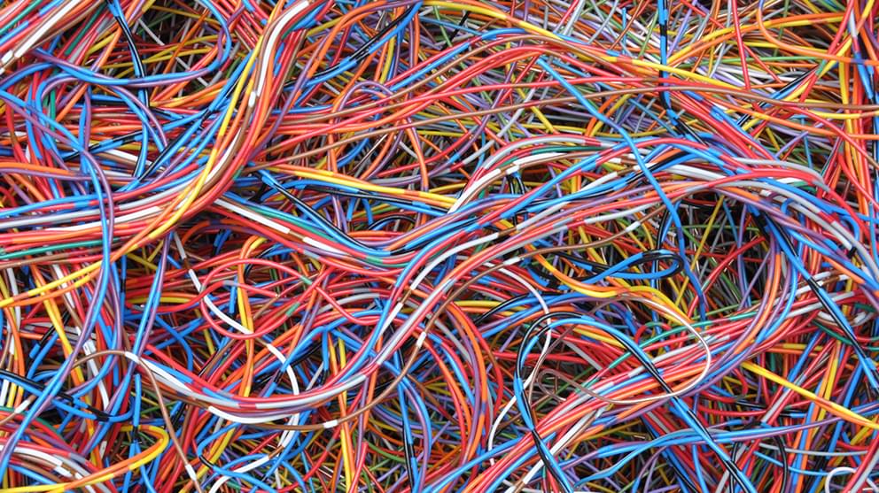 Close up of tangled multi-coloured wires